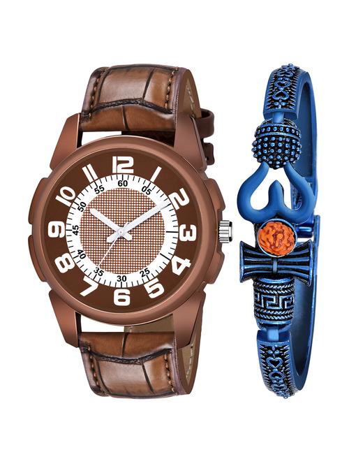kajaru new fancy stylish - brown leather strap & mahadev bracelet combo watch - 18389306 - Very Small Image - 1
