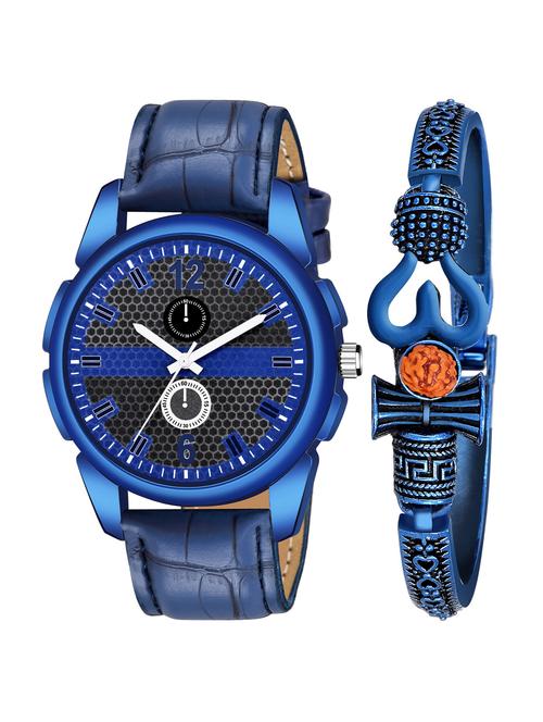 kajaru new fancy stylish - blue leather strap & mahadev bracelet combo watch - 18389310 - Very Small Image - 1