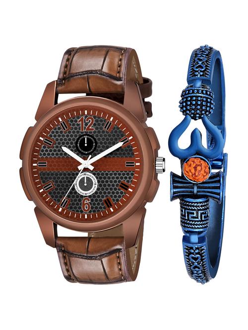 kajaru new fancy stylish - brown leather strap & mahadev bracelet combo watch - 18389312 - Very Small Image - 1