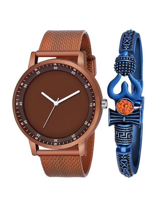 kajaru new fancy stylish - brown pu strap & mahadev bracelet combo watch - 18389318 - Very Small Image - 1