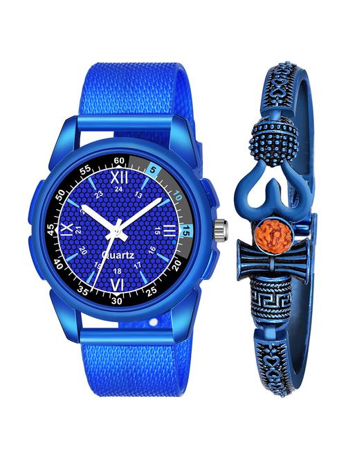 kajaru new fancy stylish - blue pu strap & mahadev bracelet combo watch - 18389322 - Very Small Image - 1