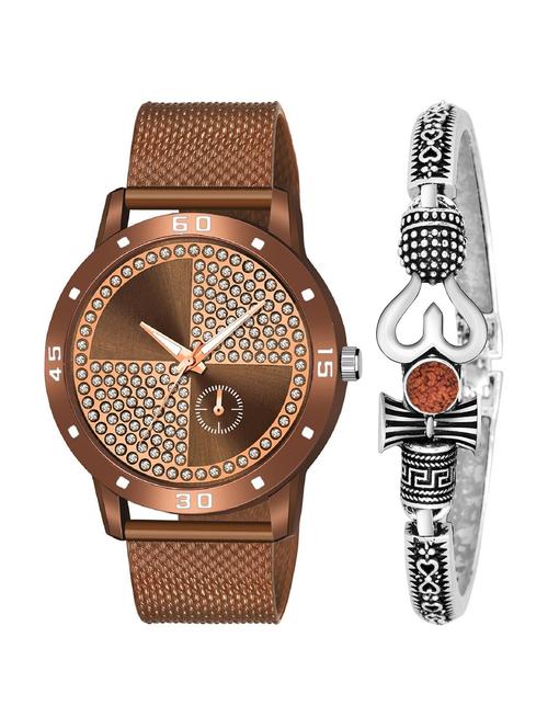 kajaru new fancy stylish - brown pu strap & mahadev bracelet combo watch - 18389329 - Very Small Image - 1