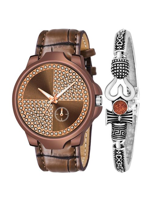 kajaru new fancy stylish - brown leather strap & mahadev bracelet combo watch - 18389341 - Very Small Image - 1