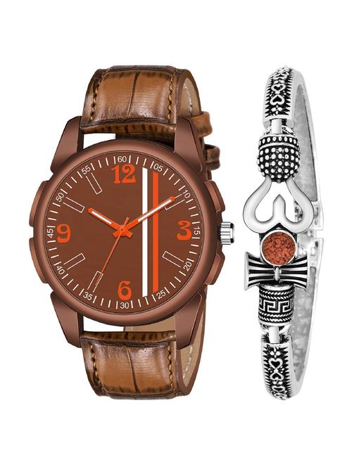 kajaru new fancy stylish - brown leather strap & mahadev bracelet combo watch - 18389352 - Very Small Image - 1