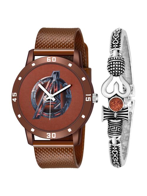 kajaru new fancy stylish - brown pu strap & mahadev bracelet combo watch - 18389367 - Very Small Image - 1