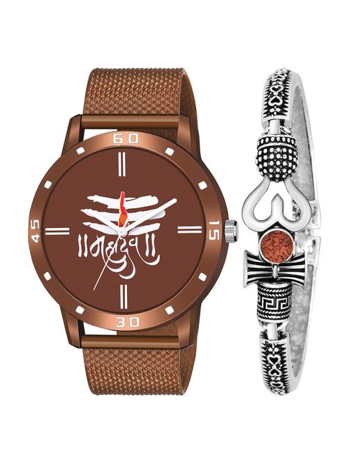 kajaru new fancy stylish - brown pu strap & mahadev bracelet combo watch - 18389377 - Very Small Image - 1