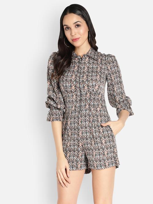 shirt collar printed romper - 18389904 - Very Small Image - 1
