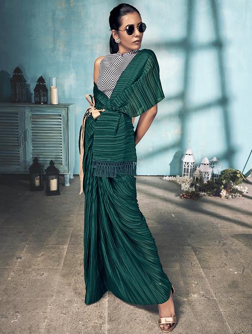 green georgette plain saree with blouse - 18390383 - Very Small Image - 1