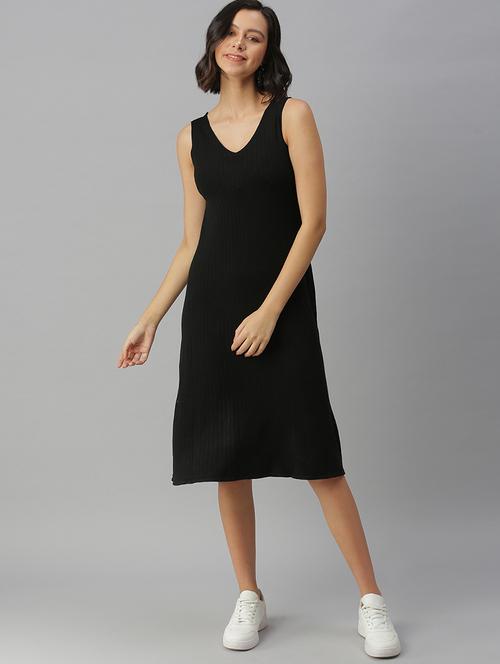 v-neck solid a-line dress - 18390437 - Very Small Image - 1