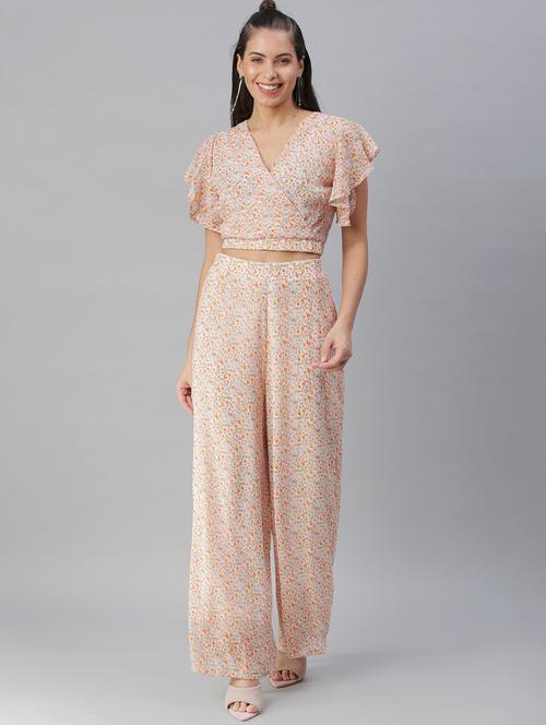 v-neck printed top and palazzos set set - 18390817 - Very Small Image - 1