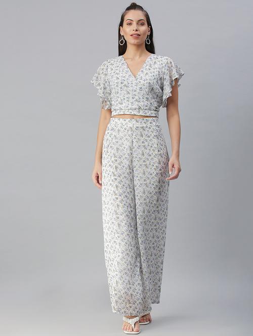 v-neck printed top and palazzos set set - 18390819 - Very Small Image - 1