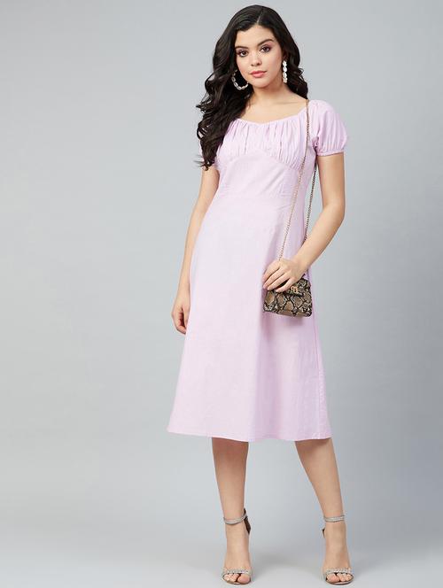puffed sleeved solid a-line dress - 18391146 - Very Small Image - 1