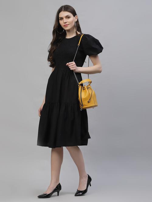 puffed sleeved smocked fit & flare dress - 18391160 - Very Small Image - 1