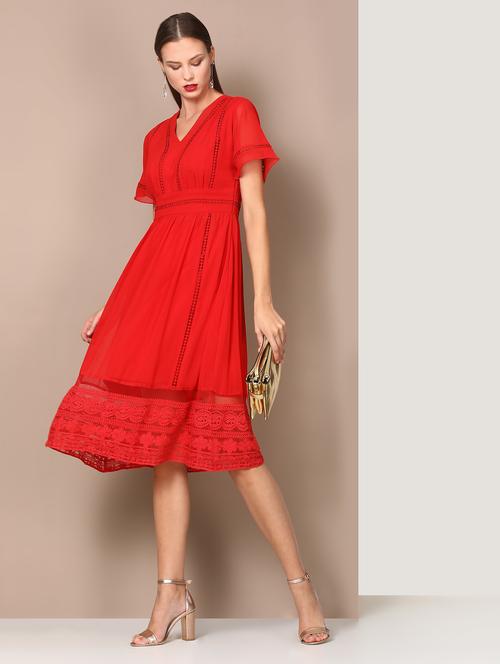v-neck lace detail a-line dress - 18391663 - Very Small Image - 1