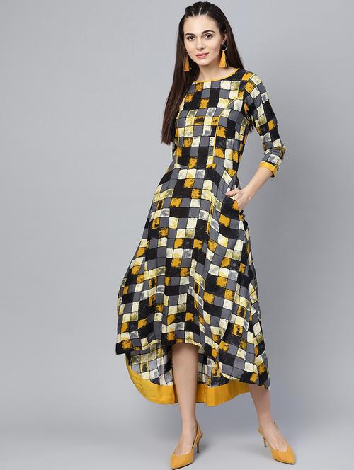 round neck checkered high low dress - 18391807 - Very Small Image - 1