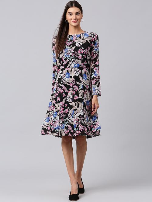 long sleeved printed fit & flare dress - 18391855 - Very Small Image - 1
