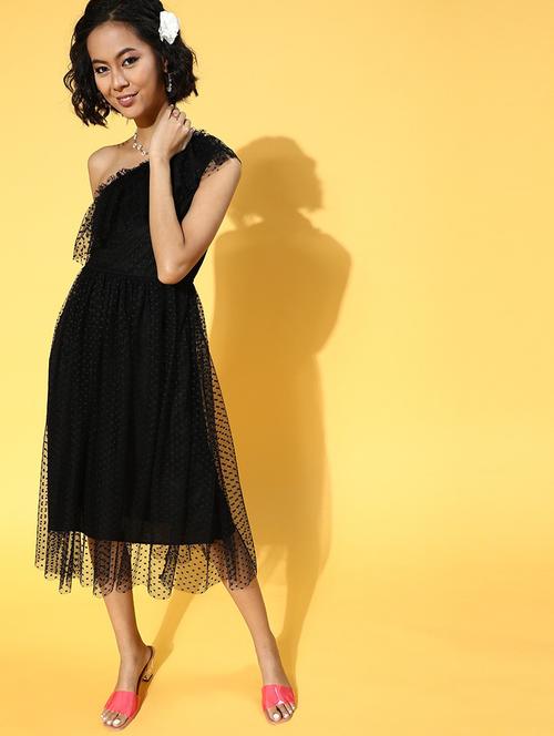 single shoulder solid fit & flare dress - 18391942 - Very Small Image - 1