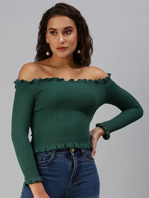 off shoulder solid crop top - 18392006 - Very Small Image - 1