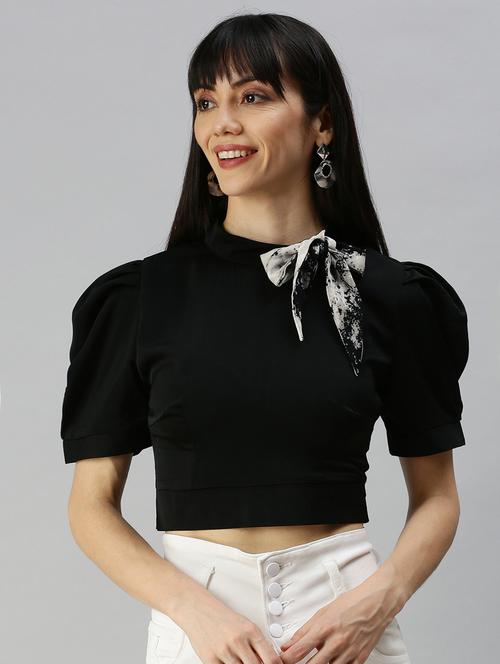 puff sleeved solid crop top - 18392037 - Very Small Image - 1