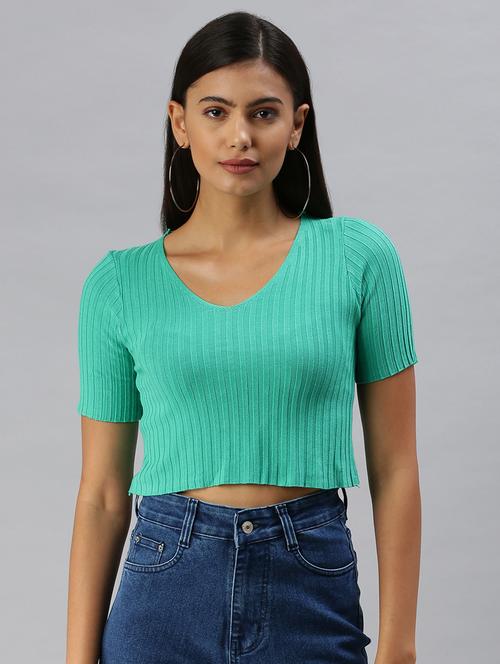 v neck solid crop top - 18392176 - Very Small Image - 1