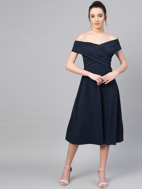 off shoulder solid fit & flare dress - 18392546 - Very Small Image - 1