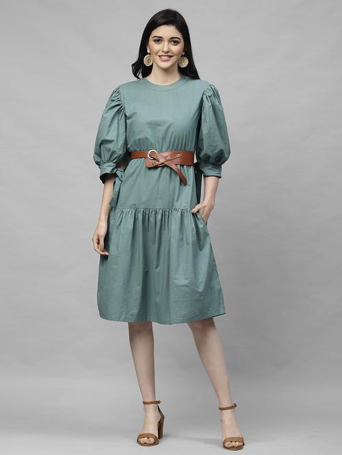 puff sleeved solid belted dress - 18392575 - Very Small Image - 1