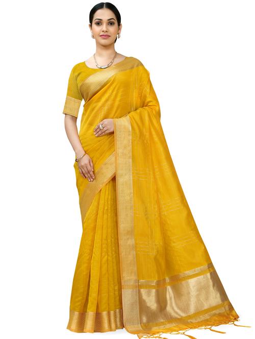 yellow silk blend saree with blouse - 18392728 - Very Small Image - 1
