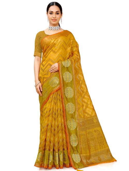 yellow silk blend saree with blouse - 18392778 - Very Small Image - 1