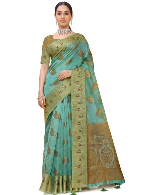 turquoise silk blend saree with blouse - 18392787 - Very Small Image - 1