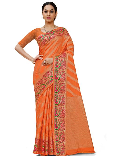 orange woven saree with blouse - 18392801 - Very Small Image - 1
