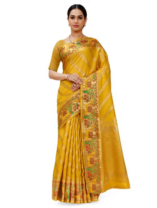 yellow silk blend saree with blouse - 18392803 - Very Small Image - 1
