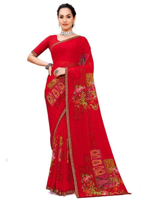 red chiffon printed saree with blouse - 18392829 - Very Small Image - 1