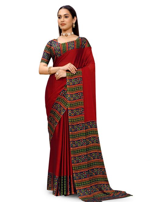 red silk blend printed saree with blouse - 18392845 - Very Small Image - 1