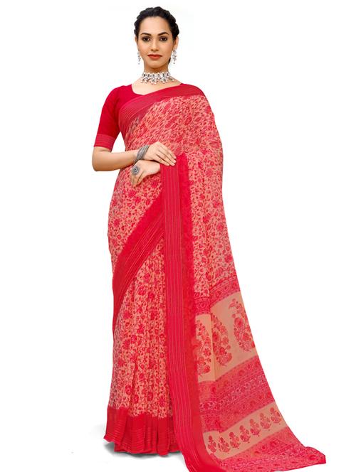red chiffon printed saree with blouse - 18392878 - Very Small Image - 1