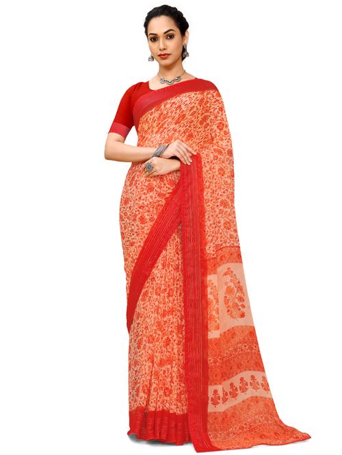 orange chiffon printed saree with blouse - 18392883 - Very Small Image - 1
