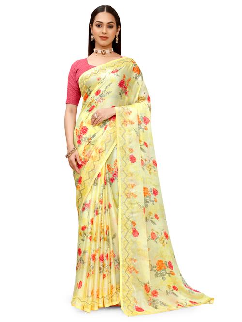 yellow chiffon printed saree with blouse - 18392904 - Very Small Image - 1
