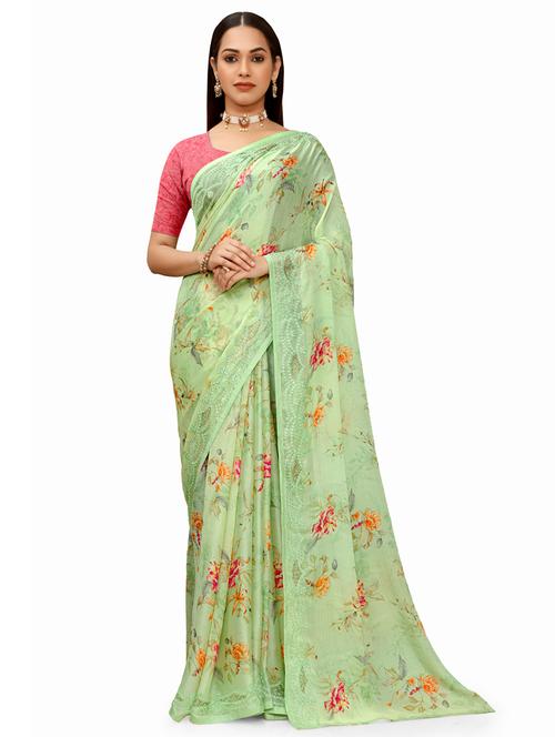 green chiffon printed saree with blouse - 18392907 - Very Small Image - 1