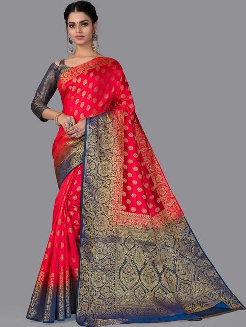 red silk blend saree with blouse - 18392920 - Very Small Image - 1