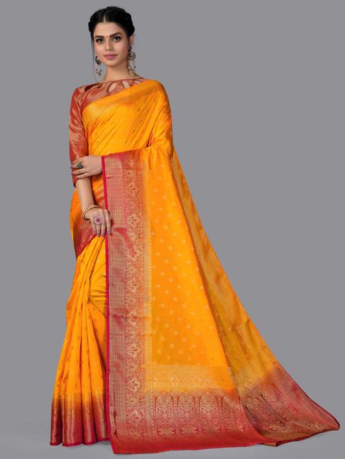 yellow silk blend saree with blouse - 18392925 - Very Small Image - 1
