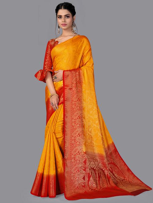 yellow silk blend saree with blouse - 18392929 - Very Small Image - 1