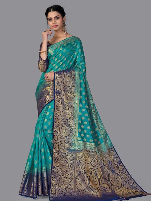 turquoise silk blend saree with blouse - 18392951 - Very Small Image - 1