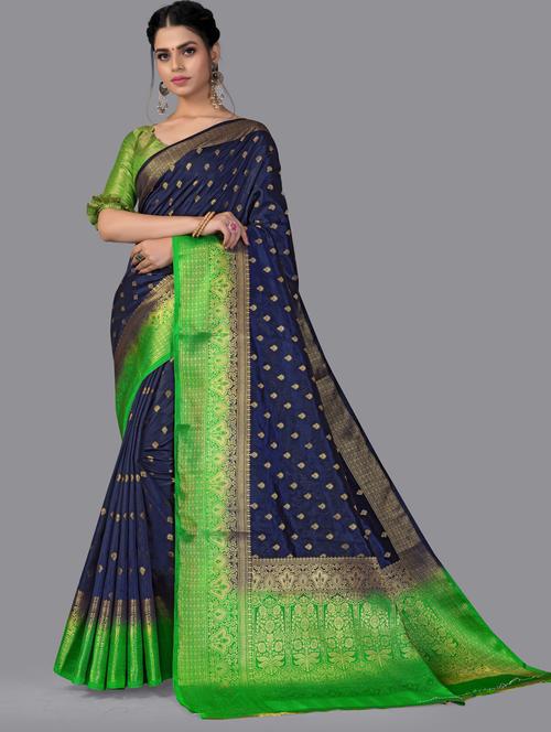 navy silk blend saree with blouse - 18392952 - Very Small Image - 1