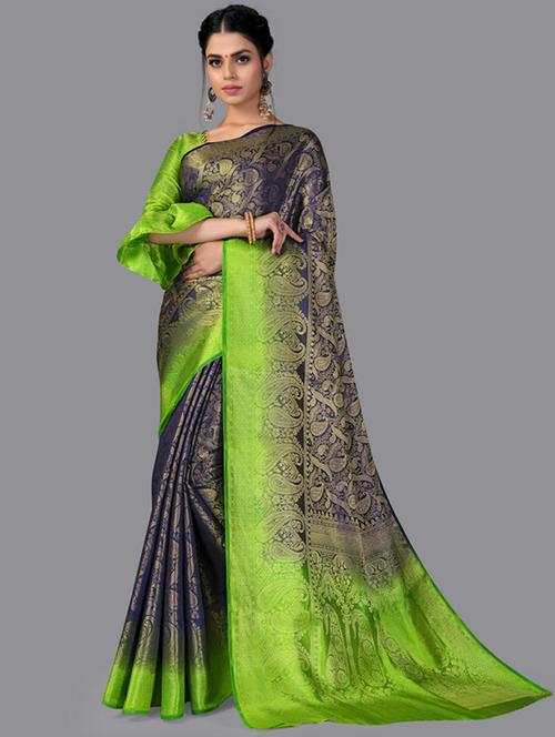 navy silk blend saree with blouse - 18392953 - Very Small Image - 1