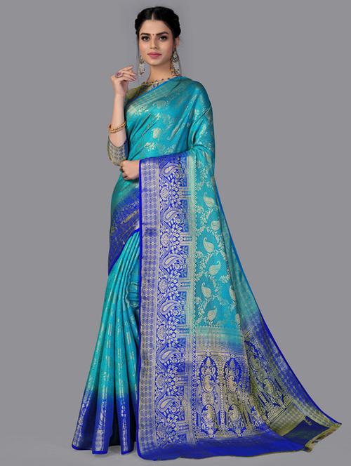 turquoise cotton blend saree with blouse - 18392954 - Very Small Image - 1