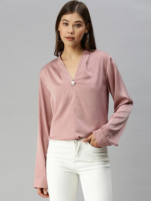 v neck solid regular top - 18393021 - Very Small Image - 1