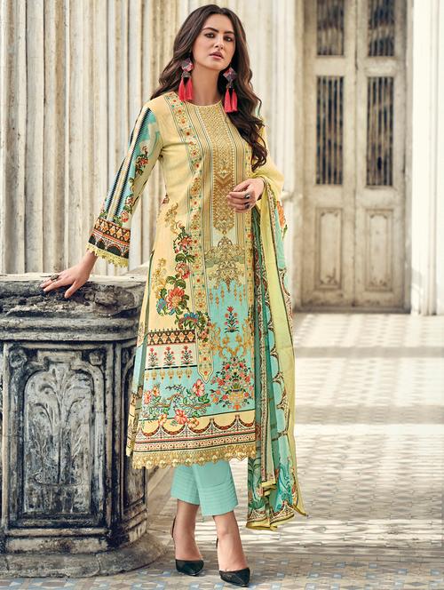 cream straight pant suits unstitched suit - 18393642 - Very Small Image - 1