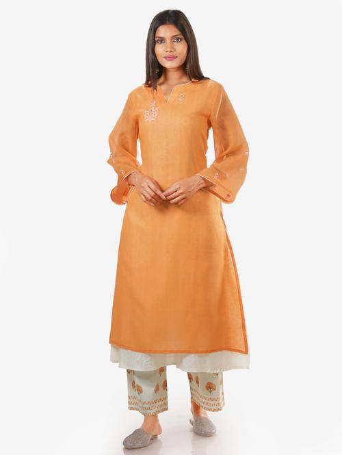 orange linen kurta palazzo set - 18395142 - Very Small Image - 1