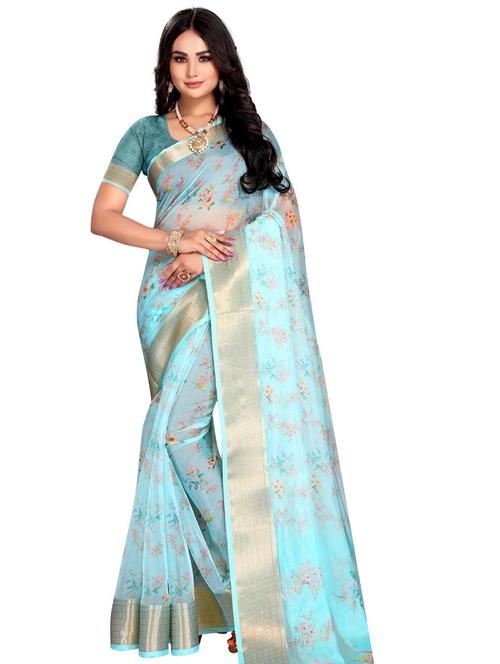 sky blue georgette printed saree with blouse - 18395293 - Very Small Image - 1