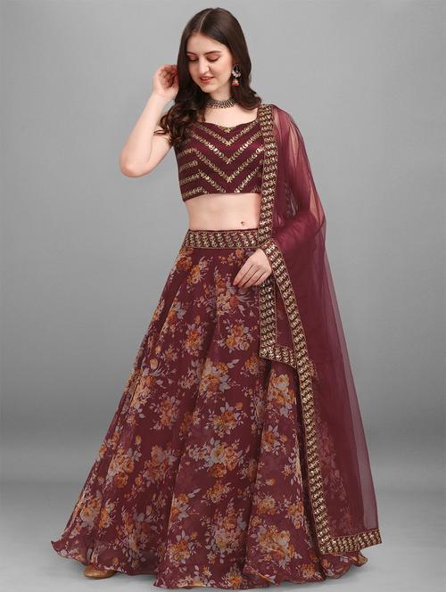 maroon organza flared lehenga - 18395306 - Very Small Image - 1