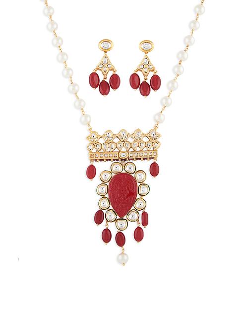 multi-color shell pearl necklace set with hydro polkis, red onyx carvings and drops - 18395355 - Very Small Image - 1